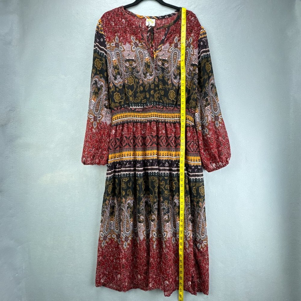 Fig & Flower Dress Womens Large Red Black Pullover Paisley Boho Shirring Tiered - Picture 8 of 15